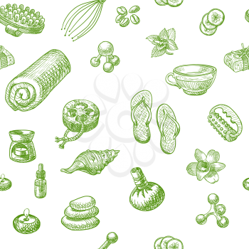 Green SPA doodle hand drawn pattern. Massage, wellness and spa Seamless vector background. Seamless pattern can be used for wallpaper, pattern fills, web page background, surface textures.