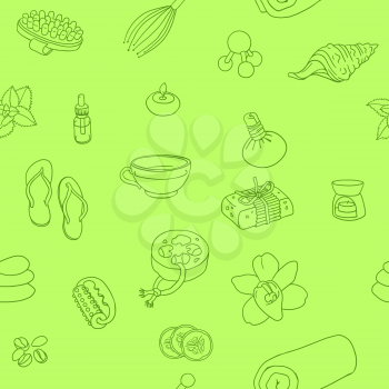 Green SPA doodle hand drawn pattern. Massage, wellness and spa Seamless vector background. Seamless pattern can be used for wallpaper, pattern fills, web page background, surface textures.