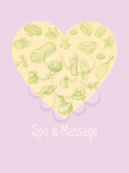 SPA and massage vector accessories set in the shape of heart. Wellness and healthy lifestyle hand drawn icons shaped a heart 