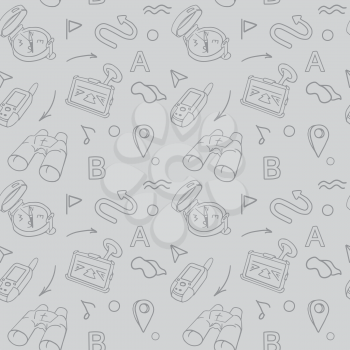 Navigation hand drawn seamless pattern with car Navigator, binoculars, compass and road signs. Vector illustration