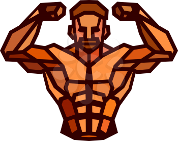 Polygonal colored vector bodybuilder logo. Sportsman shows his biceps. Fitness gym label