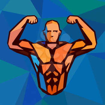 Polygonal colored vector bodybuilder logo. Sportsman shows his biceps. Fitness gym label