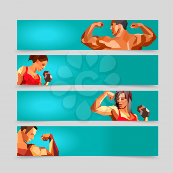 Sport Activity Banner Templates. Athelets on ghorisontal low poly background with space for flyer, poster, web, leaflet, magazine. Vector illustration