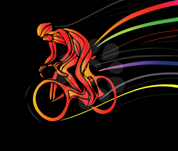 Professional cyclist in a bike race. Vector artwork in the style of paint strokes on black background. Vector illustration