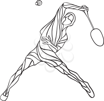 Silhouette of abstract badminton player doing smash shot. Black and white outline professional badminton player.