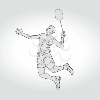 Vector illustration of Badminton player. Black and white badminton player during smash shot. Hand drawn.