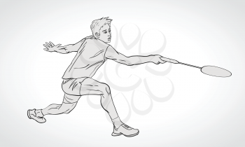 Vector illustration of Badminton player. Black and white badminton player during hit shot. Hand drawn.