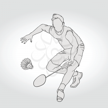 Vector illustration of Badminton player. Black and white badminton player during pass shot. Hand drawn.