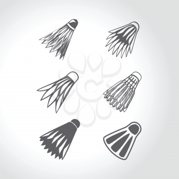 Badminton shuttlecock icons collection. 4 black and white hand drawn silhouettes of badminton shuttlecocks. Vector illustration  