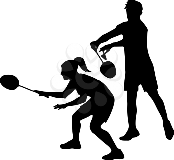 Silhouettes of mixed Team Badminton Players. Mixed doubles for badminton, male and female pair ready for left forehand serve