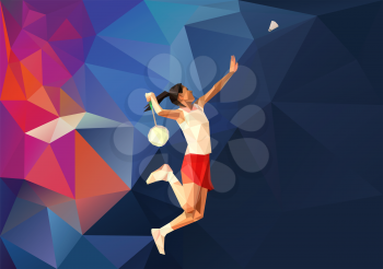 Unusual colorful triangle background Geometric polygonal professional badminton player,  during smash