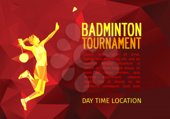Unusual colorful triangle shape: Geometric polygonal professional badminton player, pattern design, vector illustration with empty space for poster, banner, web. Shades of red background.