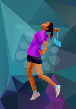 Abstract vector polygonal style professional girl badminton player on geometric low poly background. Children sport, badminton for children and youth
