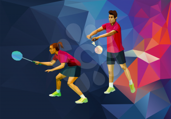 Badminton mixed doubles team, man and woman start badminton game, vector sports illustration