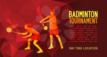 Badminton mixed doubles team, man and woman start badminton game, vector sports illustration in polygonal triangles design style