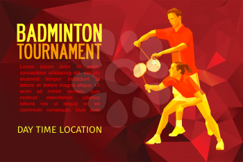 Badminton mixed doubles team, man and woman start badminton game, vector sports illustration in polygonal triangles design style