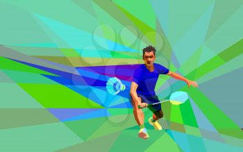 Polygonal geometric professional badminton player on colorful low poly background doing forehand shot with space for flyer, poster, web, leaflet, magazine. Vector illustration