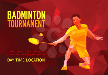 Unusual colorful triangle shape Geometric polygonal professional badminton player, pattern design, vector illustration with empty space for poster, banner, web,  leaflet, magazine. Shades of red backg