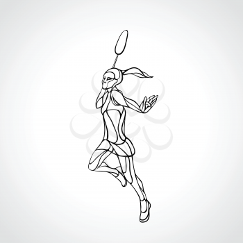 Silhouette of abstract female badminton player doing smash shot. Black and white outline professional badminton player.