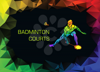 Sports poster with badminton player colorful on dark background. Trendy polygons, vector illustration