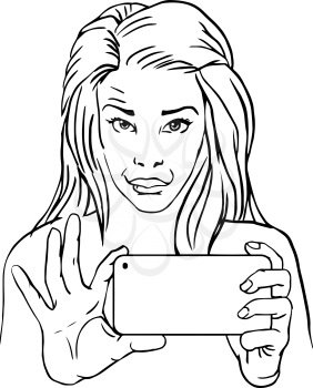 Woman making selfie with duckface. Vector outline. Funny selfie of long-haired girl wearing duck-face