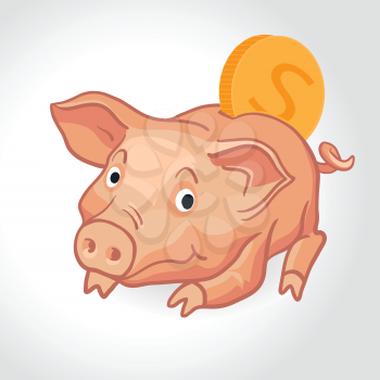 Vector realistic cartoon pig piggy bank with coin. Save the money concept