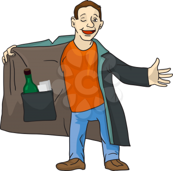 The cartoon suspicious man is selling the forbidden stuff. Young man opens his coat to offer some illegal contraband. Vector illustration