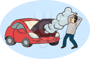 Broken car cartoon vector illustration. Man having Car Trouble