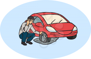 Flat tire on the road. Car with flat tire on the road and angry man.  Man having Car Trouble. Detail showing tire change. Car accident