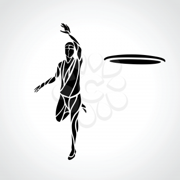 Abstract player is throwing flying disc. Silhouette of disc golf player. Vector lineart illustration