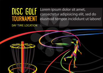 Disc golf sport, flying disc Frolf invitation poster or flyer background with female sportsman silhouette and empty space, horisontal align vector banner template