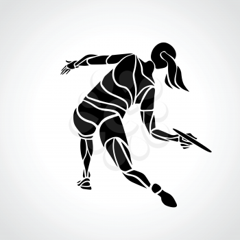 Female player is throwing flying disc. Silhouette of disc golf player. Vector lineart illustration
