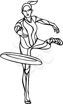 Female player is throwing flying disc. Outline silhouette of disc golf player. Vector lineart illustration