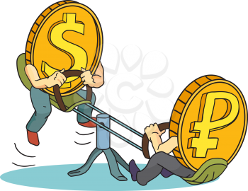 Concept drawing: high rate of dollar compared with russian rouble. Rouble and Dollar coins swinging on teeter. 
