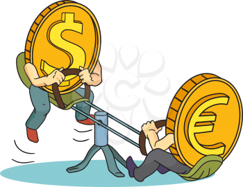 Concept drawing: high rate of Dollar compared with Euro. Euro and Dollar coins swinging on teeter. US Dollar vs. Euro 