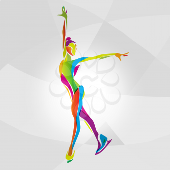 Creative silhouette of ice skating girl. Ice show, rainbow colors vector illustration