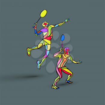 Creative color Professional Badminton players. Vector illustration. Two people, men doubles championship Eps8