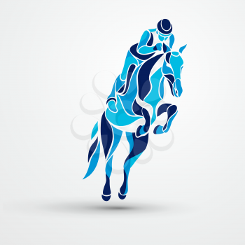 Horse race. Equestrian sport. Silhouette of racing horse with jockey on isolated background. Rider. Racing horse and jockey blue silhouette. Derby. Eps 10