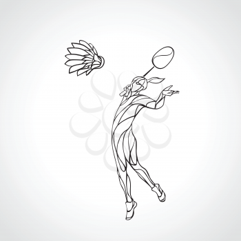 Silhouette of abstract female badminton player doing smash shot. Black and white outline professional badminton player.