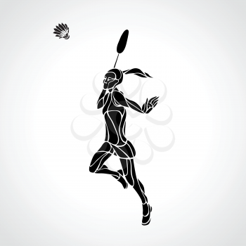 Silhouette of abstract female badminton player doing smash shot. Black and white professional badminton player.