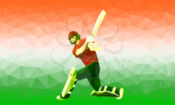 Cricket player silhouette polygonal low poly illustration with stylized India flag and national colors saffron, white and green. Eps 10