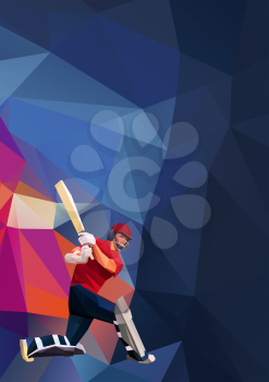 Low polygon style illustration of a cricket player batsman with bat batting set on colorful background. Eps 10
