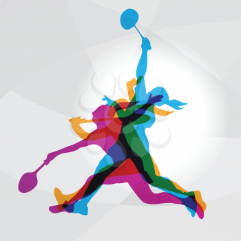 Modern Badminton Female Players In Action Logo. Color silhouettes of badminton players, sports poster background. Vector eps 10