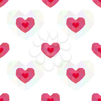 Seamless pattern of polygonal pink hearts on white background. Valentines day background