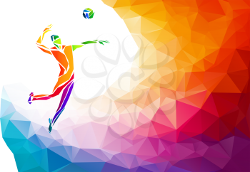Creative silhouette of volleyball player receiving a ball. Beach sport, colorful vector illustration with background or banner template in trendy abstract colorful polygon style and rainbow back