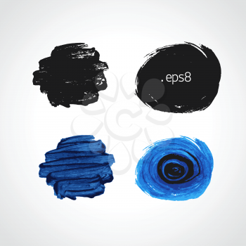 Black and blue grunge hand drawn round blobs. Black and white Vector set.