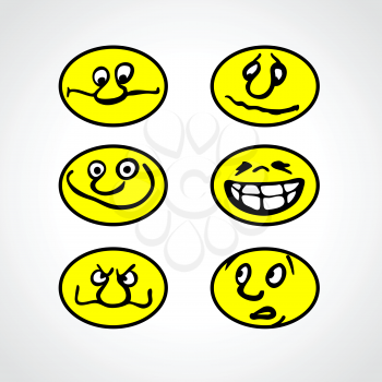 Set of Hand drawn Cartoon Smilies. Emoticon. Vector style smile face icons