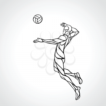 Volleyball player attacking the ball - black and white outline vector silhouette. Modern simple volleyball logo. Eps 8
