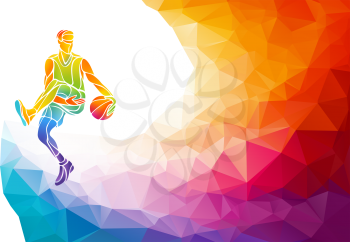 Polygonal geometric professional basketball player on colorful low poly background doing jump shot with space for flyer, poster, web, leaflet, magazine. Vector illustration