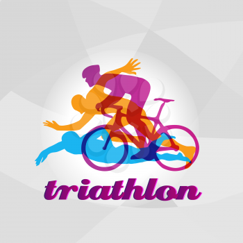 Color flat logo triathlon. Vector figures triathletes on a white background. Swimming, cycling and running symbol. Eps10